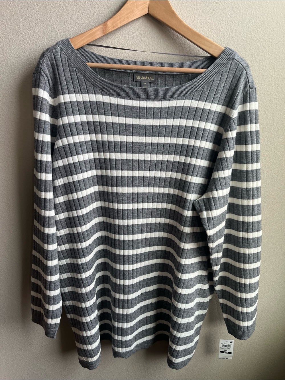 Gray & White Striped Ribbed Boat Neck Sweater Classic Preppy NWT - Picture 2 of 6